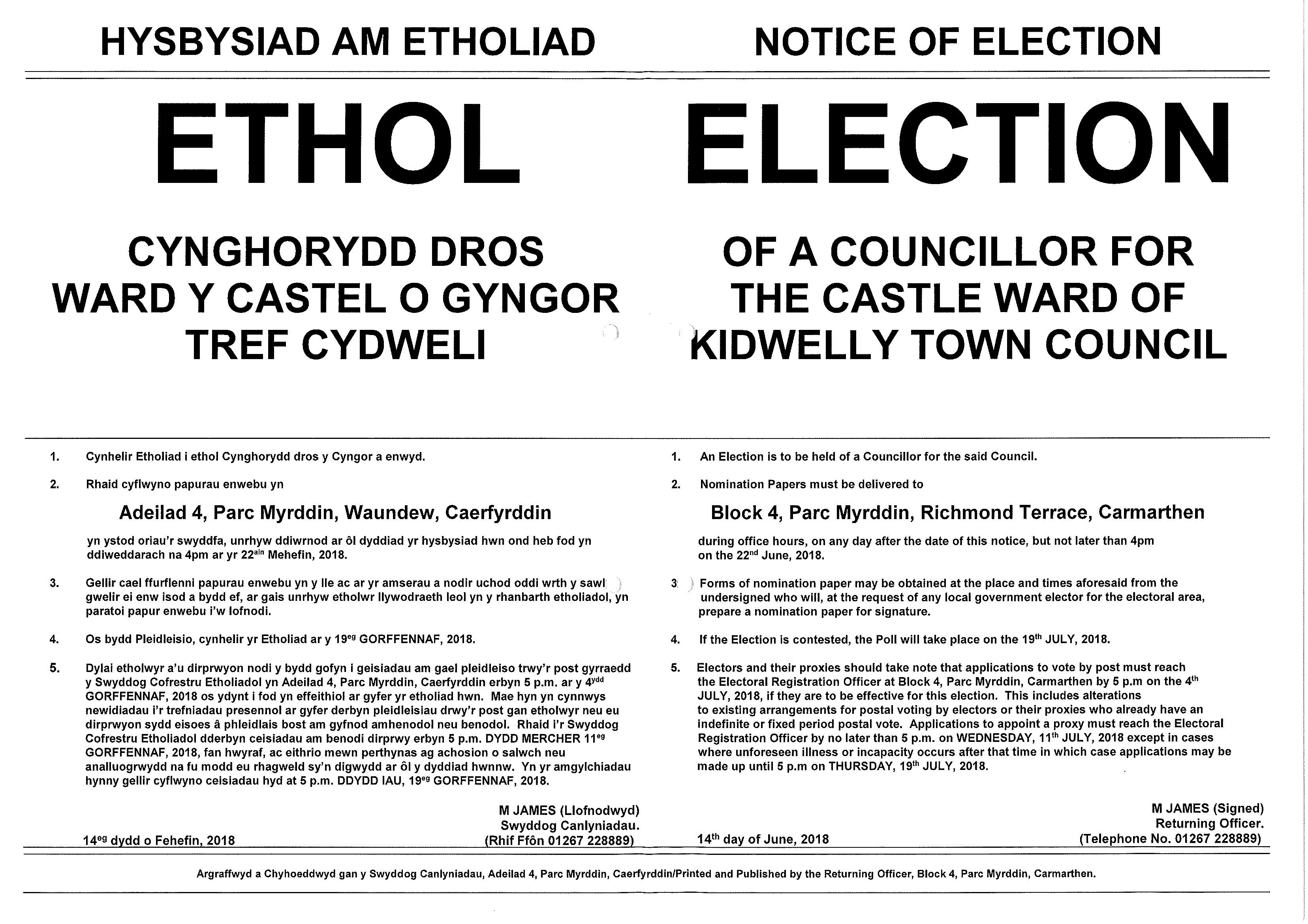 Notice of Election of a Councillor in Castle Ward
