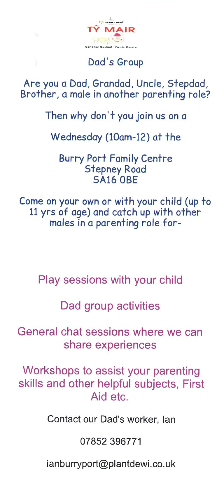 Ty Mair Dad's Group information flyer