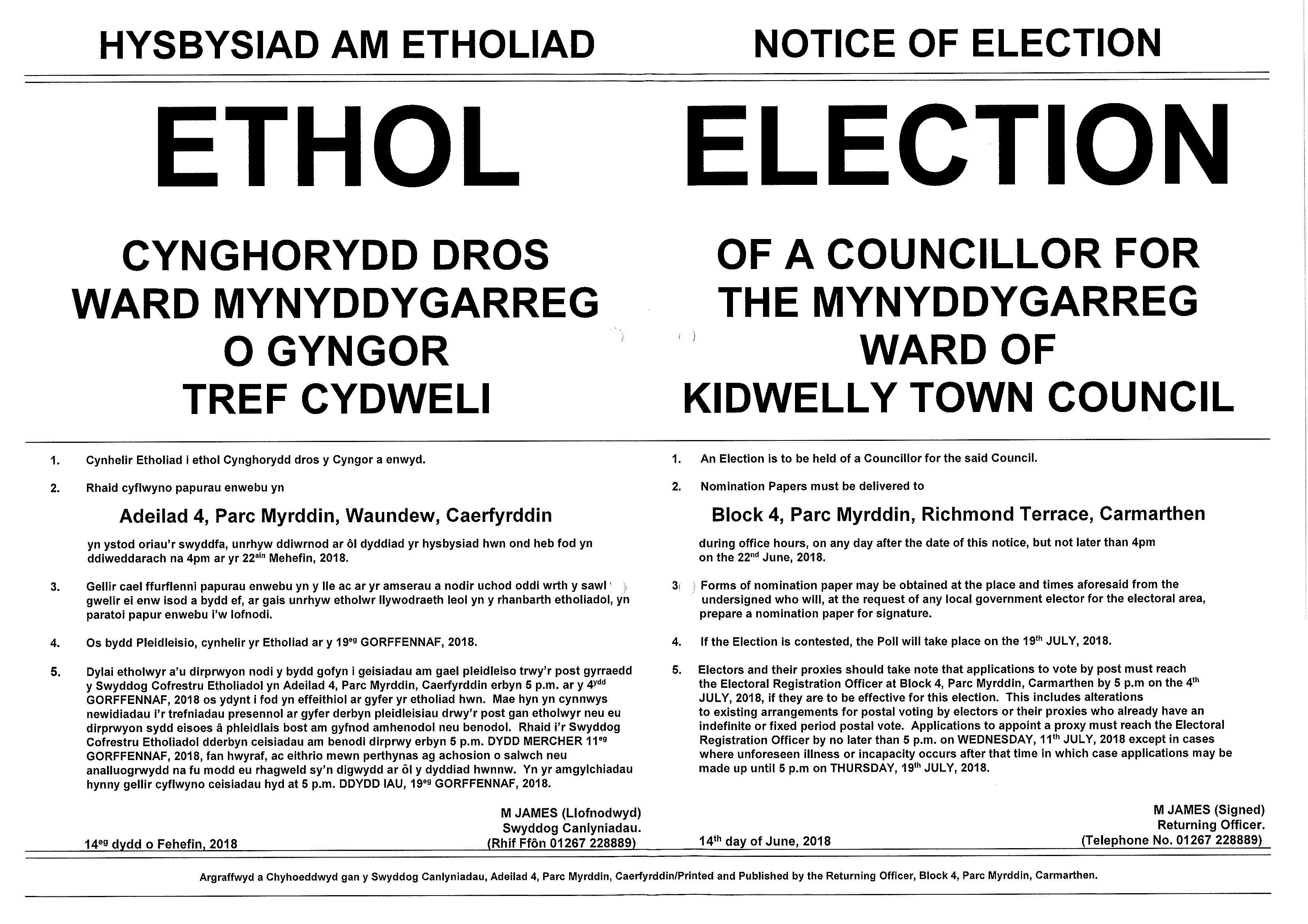Notice of Election Mynyddygarreg